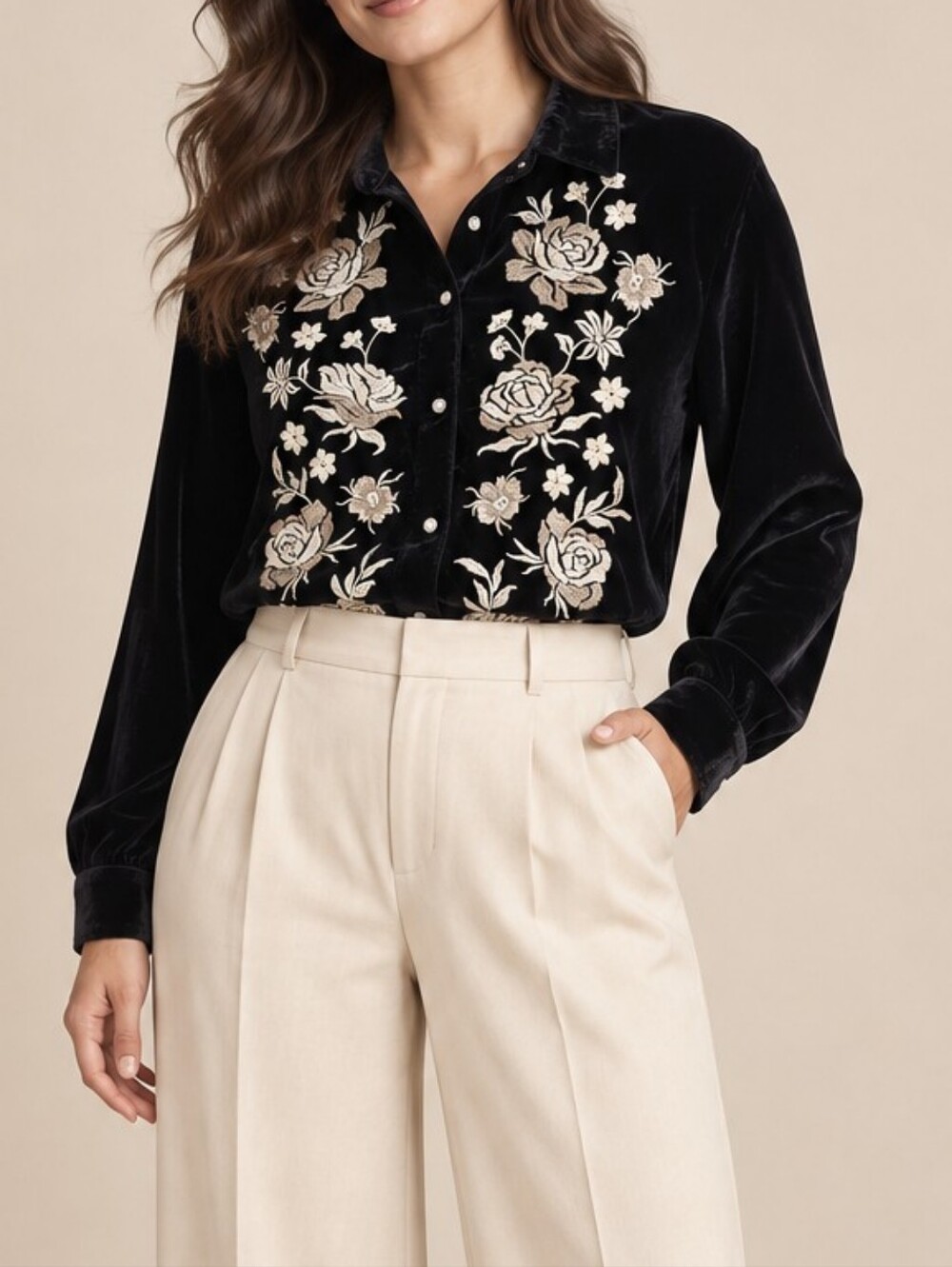 J. Jill Black Velvet Button-Down Shirt with Cream Floral Embroidery